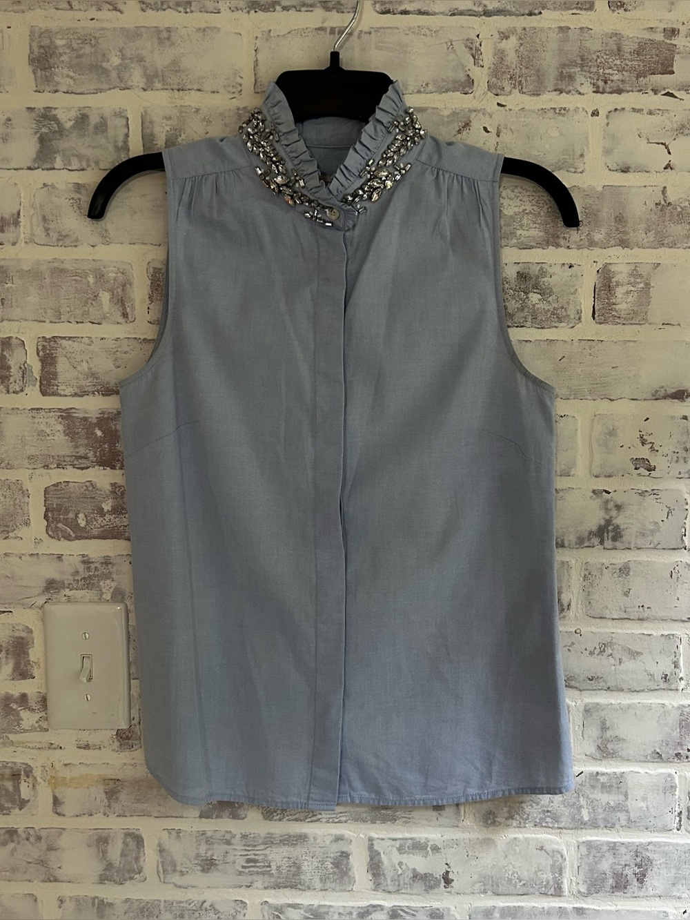 J. Crew Size 0 Tilda Oxford Sleeveless Top Blue Ruffle Embellished Collar Preppy